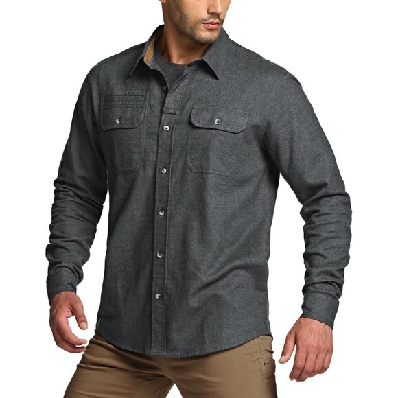 Mens Suede Grey Cotton Flannel Shirt Long Sleeve Casual Outdoor Plaid - Picture 2 of 9